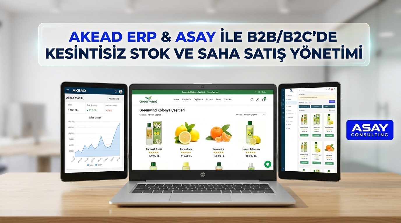 KEAD ERP altyapısı ile B2C e-ticaret portalı, B2B müşteri paneli ve saha mobil uygulamasının entegre ekran görünümü.
