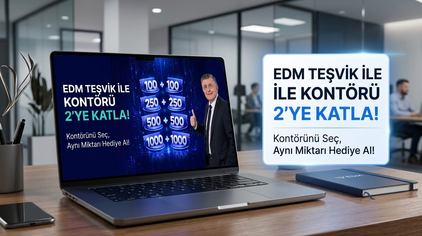 EDM Teşvik ile Kontörünü 2'ye Katla sloganı, 100+100, 250+250, 500+500, 1000+1000 hediye kontör paketleri ve onay işareti yapan iş insanının yer aldığı EDM Bilişim kampanya blog kapak görseli."